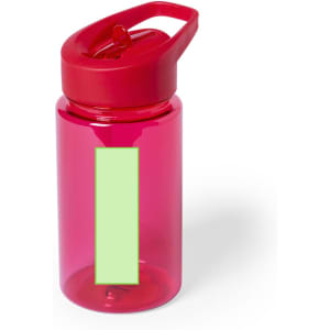 A drink bottle in bright pink with a red lid and a blank label area for customisation.