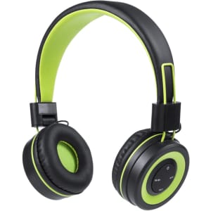 A pair of black and green headphones featuring padded ear cups and a sleek headband, with a small logo present.