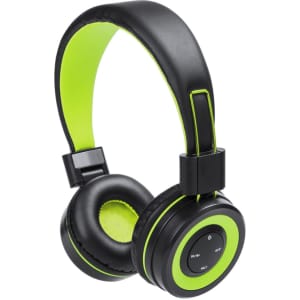 A pair of black and neon green headphones featuring a padded headband and ear cups, with a logo on the side.