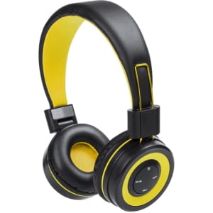 A pair of black and yellow headphones with a padded headband and earcups, featuring a logo on the earcup.