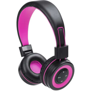 A pair of black headphones with pink accents and cushioned ear pads. Features a round control panel on one side.