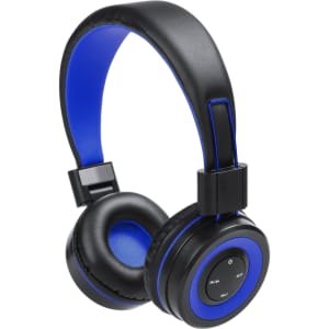 A pair of black headphones with blue accents, featuring a padded headband and ear cups, along with a control panel on one side.