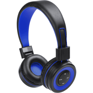 A pair of black and blue headphones with cushioned ear cups and a sleek design, featuring buttons on the side.