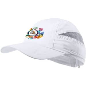 A white cap with a colourful logo and a grey panel, designed for headwear.