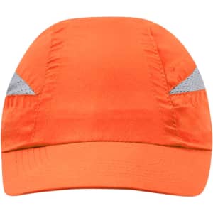 An orange cap with reflective grey accents and a structured peak. Features branding on the front.