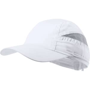 A white cap with a silver logo and a curved peak, featuring a sporty design and breathable fabric.