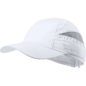 A white cap with a sleek design and a reflective logo on the side. Perfect for stylish headwear.