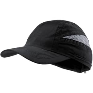 A black cap with a grey logo and perforated detailing, designed for headwear.