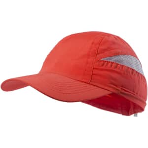 A red cap featuring a curved brim and a reflective band, with a logo on the side.