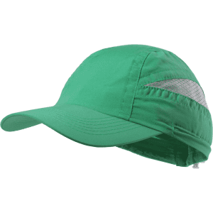 A green cap featuring a silver logo and a curved brim, designed for headwear.