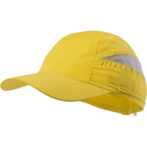 A yellow cap with a reflective stripe and a breathable design, featuring a logo on the side.