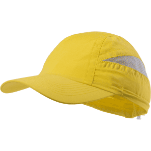 A yellow cap with a reflective stripe and adjustable back. It features a curved brim and lightweight fabric.