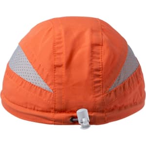 An orange cap featuring reflective details and a toggle adjustment at the back. It has a logo on it.