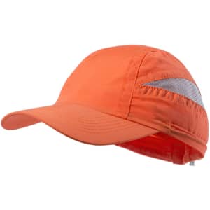 An orange cap featuring a reflective stripe and a logo, designed for active use and outdoor wear.