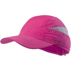 A pink cap with a grey reflective stripe and an adjustable back. It features a curved visor and has a logo.