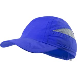 A blue cap with a structured brim and a reflective detail on the side, featuring an adjustable back.