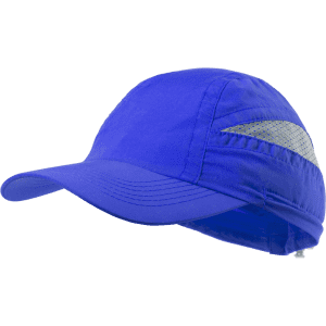 A blue cap with a reflective stripe, featuring a flexible brim and an adjustable back.