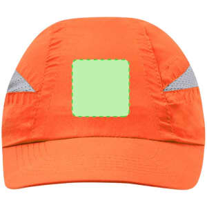 An orange cap with reflective accents and a blank space for branding. It features a structured design.