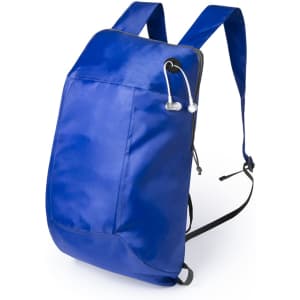 A blue foldable backpack with adjustable straps and a small opening for headphones. It has a simple design and a logo.