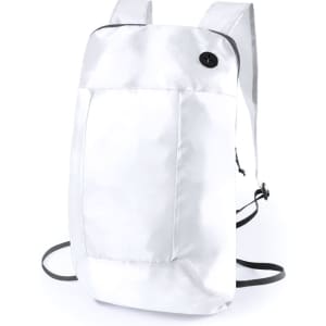 A foldable backpack in white with adjustable straps and a front pocket, featuring a logo on the exterior.