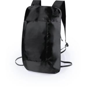 A black foldable backpack with shoulder straps and a front pocket, featuring a logo on the surface.