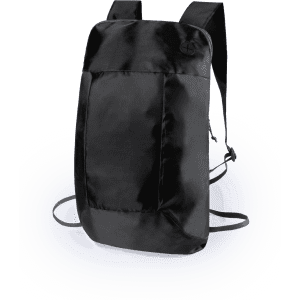 A black foldable backpack with adjustable straps and a simple design, featuring a logo on the front.