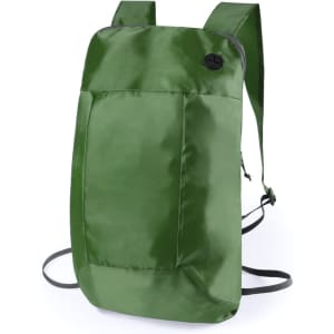 A green foldable backpack featuring adjustable straps and a compact design. It has a logo on the front.