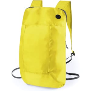 A foldable backpack in bright yellow with adjustable grey straps and a button closure. It has a simple design and logo.