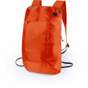 An orange foldable backpack with adjustable straps and a front pocket, featuring a logo on it.