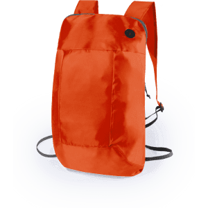 An orange foldable backpack with shoulder straps and a logo. The fabric has a smooth finish.
