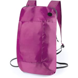 A pink foldable backpack with adjustable straps and a front pocket, featuring a subtle logo.