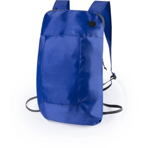A blue foldable backpack with adjustable straps and a front pocket, featuring a logo on the side.