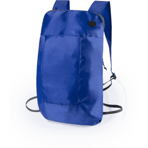 A blue foldable backpack with adjustable straps and a circular logo on the front.