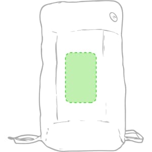 A foldable backpack with a green panel and drawstring closure. It features a logo on the front.
