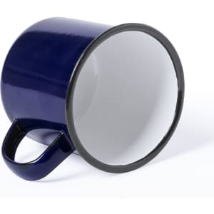 A coffee mug in navy blue with a contrasting black rim and handle. The mug is shown at an angle.