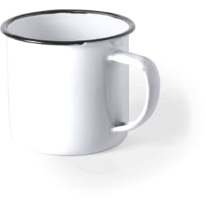 A white enamel mug with a black rim and a sturdy handle. It has a simplistic design and a branding logo.