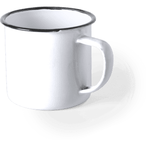 A white enamel mug with a black rim and a sturdy handle, featuring a simple design.