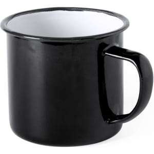 A black coffee mug with a contrasting white interior and a sturdy handle. It features a simple logo.