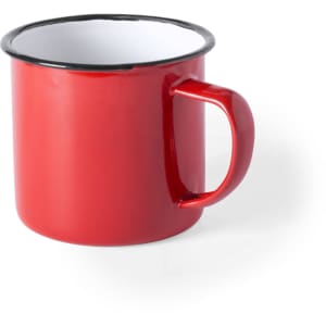 A red enamel coffee mug with a white interior and a black rim. It features a sturdy handle.