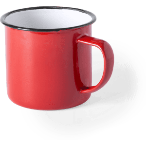 A red enamel coffee mug with a black rim and a sturdy handle. It has a sleek, shiny finish and a simple design.