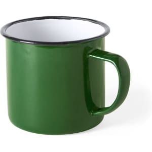 A green enamel coffee mug with a white interior and a black rim. It features a sturdy handle.