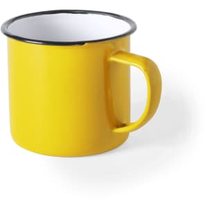 A yellow enamel mug with a white interior and a black rim, featuring a sturdy handle.