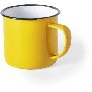 A yellow enamel mug with a black rim and a sturdy handle, perfect for hot beverages.