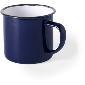 A navy blue enamel mug with a white interior and a sturdy handle. It features a logo.