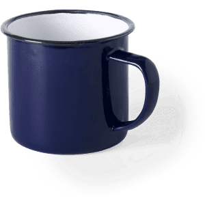 A navy blue enamel coffee mug with a white interior and a sturdy handle. It has a simple design and a logo.