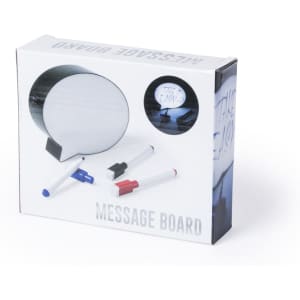 A boxed message board in a speech bubble shape with red, blue, and black markers included. Features a logo on the box.