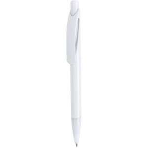 A white plastic pen with a clip and a clear tip, featuring a logo on the barrel.