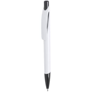 A plastic pen in white with a black tip and clip, featuring a simple design and a logo on the barrel.