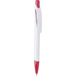 A white pen with a red cap and tip, featuring a clip and branding on the side.