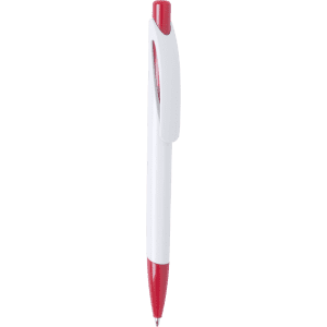 A plastic pen featuring a white barrel with red accents and a logo on the side.